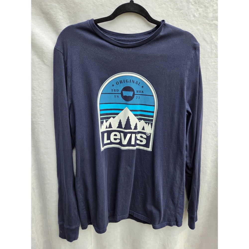 Levis Long Sleeve Graphic Tee Mens Medium Navy Blue Good Mountain Nature Print